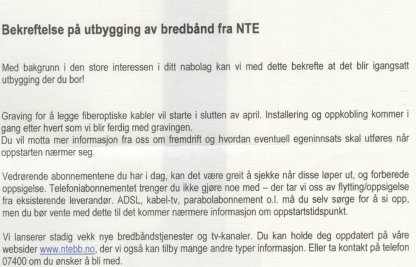 Bekreftelse på utbygging av fiber!