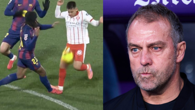 Barcelona klager på en frispark på Koundé rett før Gironas mål: "Dere så det alle sammen", sier Hansi Flick