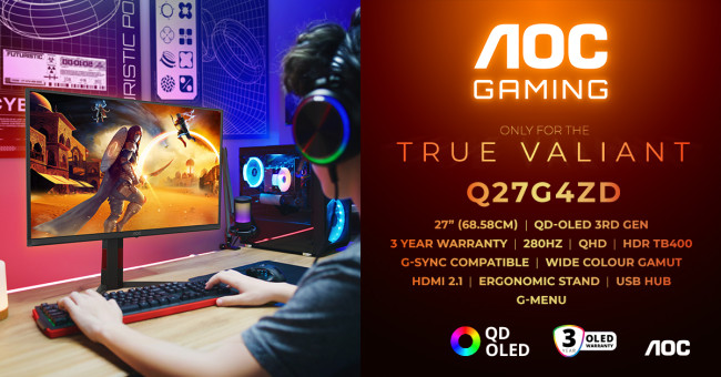 Dette er den nye AOC GAMING Q27G4ZD-skjermen, det siste innen tredje generasjons QD-OLED-teknologi