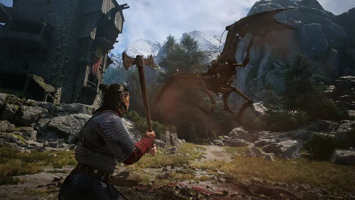 En kriger med en stor øks står overfor et vinget vesen i et fjellandskap i The Blood of Dawnwalker